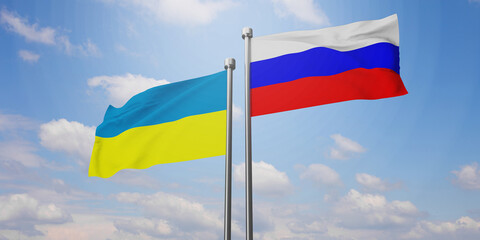Ukraine and Russia two flags on flagpoles and blue sky