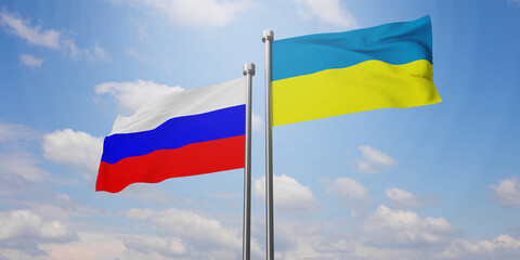 Ukraine and Russia two flags on flagpoles and blue sky