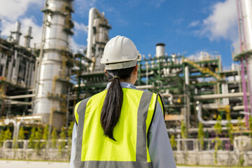 Asian engineer manager woman with white safety helmet standing front of oil refinery. Industry zone gas petrochemical. Factory oil storage tank and pipeline. Workers in the refinery construction.