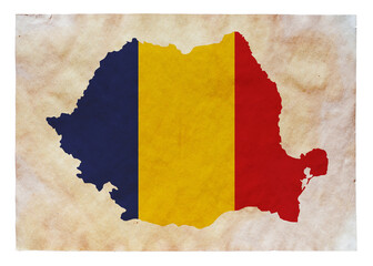 map of Romania with flag painted on old grunge paper	