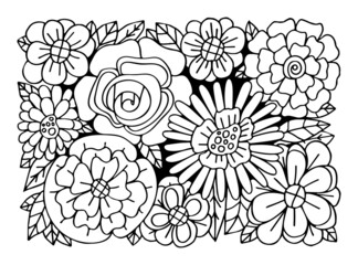 Coloring page bouquet of flowers thin line art. Floral pattern of garden plants. Hand drawn vector illustration. Simple doodle. Summer coloring book for children and adults.