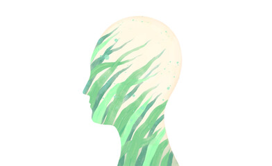 Concept art of nature. water color painting of leafs in human face. conceptual illustration.
