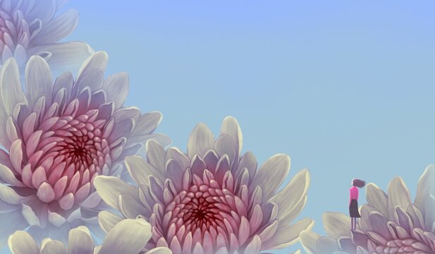 Lonely woman in fantasy of flowers . surreal painting. blossom background. Conceptual 3d illustration. Concept idea of love loneliness alone and solitude.