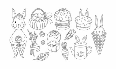 Easter coloring pages black contour elements set