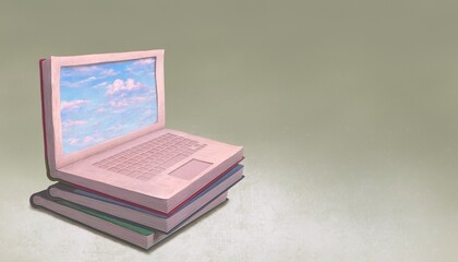 A girl and book looklike a labtop. Conceptual art of Education dream and learn. Concept idea 3d illustration of imagination of a child. kid artwork. Surreal painting.