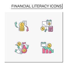 Financial literacy color icons set. Budget plan, variable expense, decrease in liabilities, choice of loans. Business concept. Isolated vector illustrations