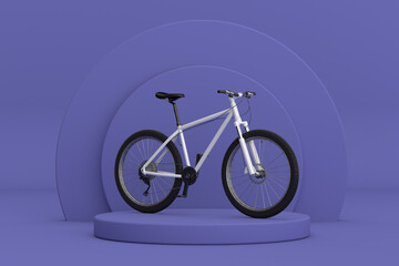 Black and White Mountain Bike over Violet Very Peri Cylinders Products Stage Pedestal. 3d Rendering