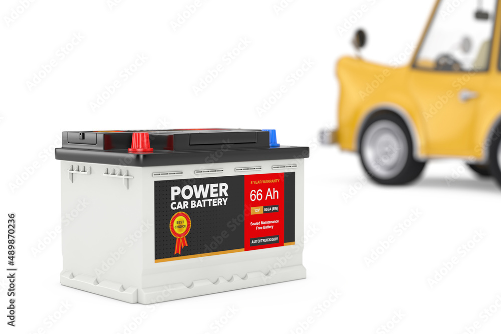 Poster rechargeable car battery 12v accumulator with abstract label. 3d rendering
