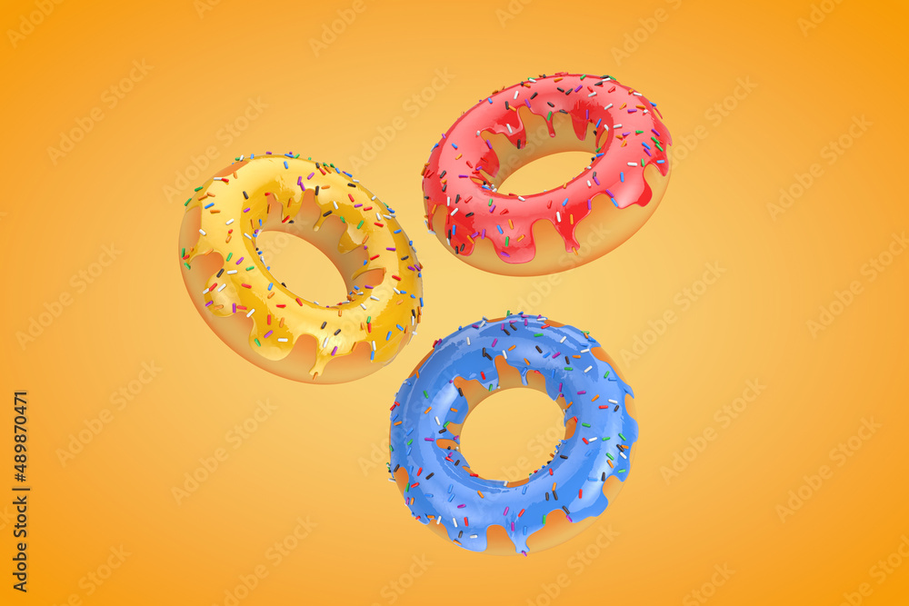 Poster multicolored donuts with glaze and sprinkles. 3d rendering