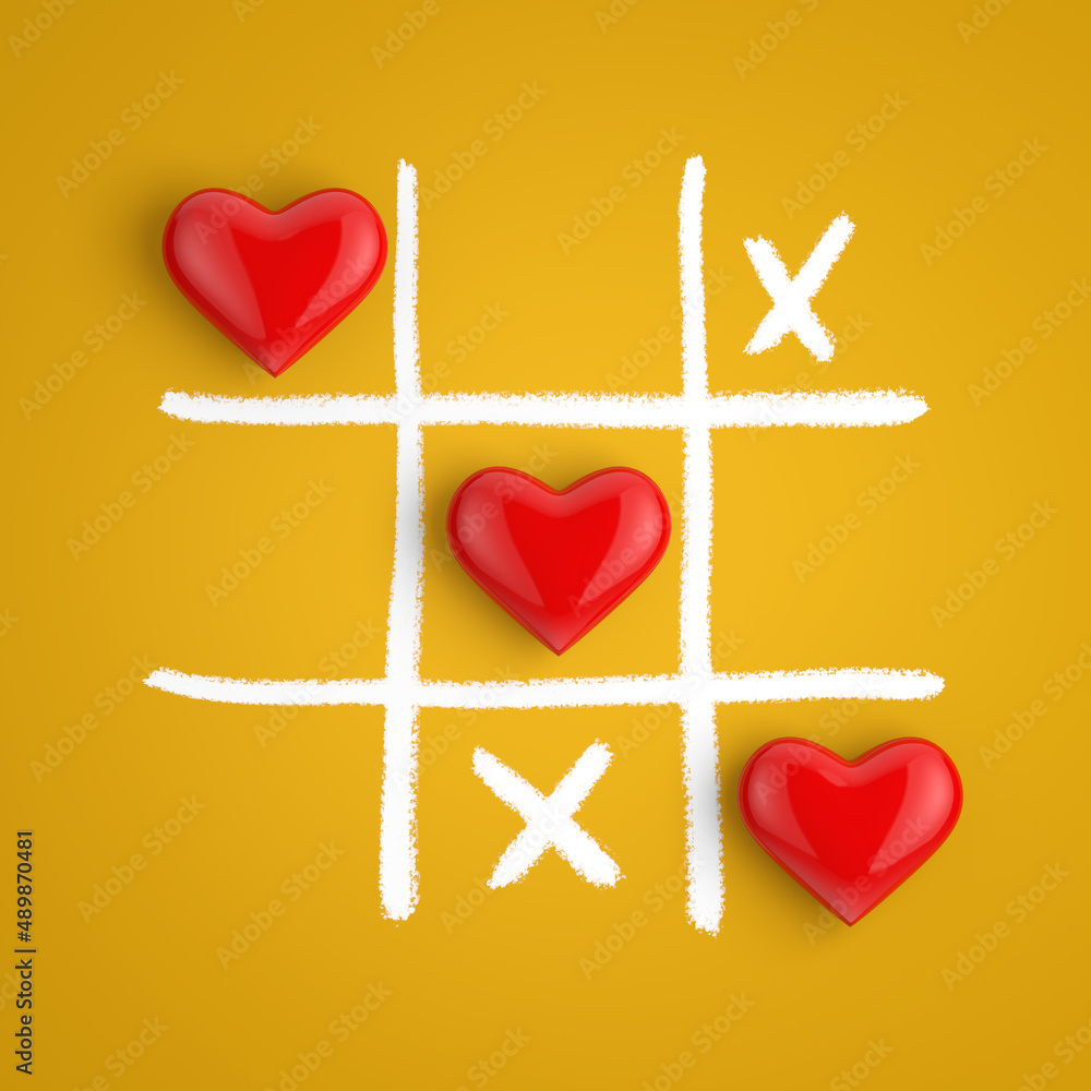 Poster red hearts in tic tac toe game. 3d rendering