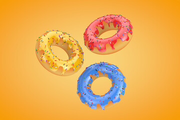 Multicolored Donuts with Glaze and Sprinkles. 3d Rendering