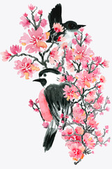 Watercolor Asian birds in flowers.Colorful with flowers, japanese bird.  Traditional folk fashion ornament on white background.