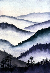 Blue ink landscape painting with ink dots, blue mountains ink. Watercolor illustrations. - 489870841