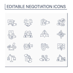 Obraz na płótnie Canvas Negotiation line icons set. Conversation with potential business partners or clients. Business concept. Isolated vector illustrations. Editable stroke