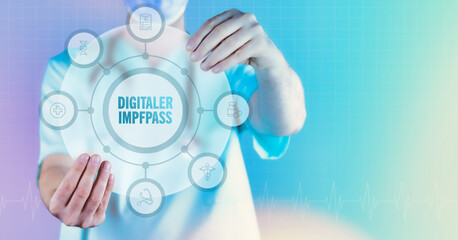 Digitaler Impfpass. Medizin in der Zukunft. Arzt hält virtuelles Interface mit Text und Icons im Kreis.