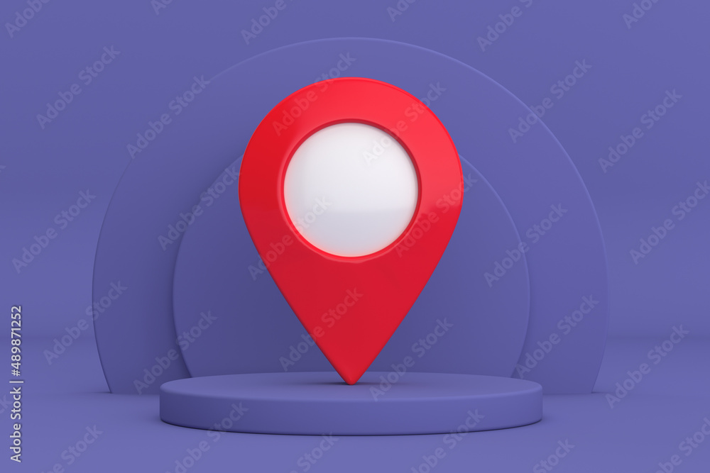 Poster red map pointer pin over violet very peri cylinders products stage pedestal. 3d rendering