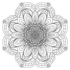 A design element. Mandala coloring book. Anti-stress coloring. Vector illustration drawn by hand with a black line. Decorative round decoration for coloring books, greeting cards. Isolated pattern
