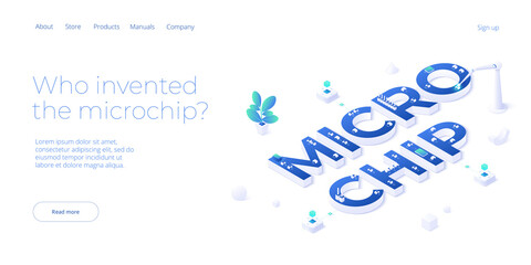 Microchip concept illustration in isometric vector design. Semiconductor or computer processor chip production. CPU hardware technology web banner layout.