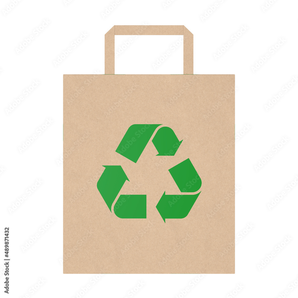 Poster shopping paper bag with green recycle sign. 3d rendering