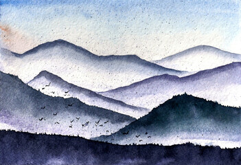 Blue ink landscape painting with ink dots, blue mountains ink. Watercolor illustrations. - 489871477