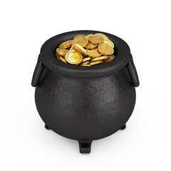 Iron Cauldron Pot full of Golden Coins. 3d Rendering