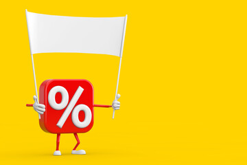 Sale or Discount Percent Sign Person Character Mascot and Empty White Blank Banner with Free Space for Your Design. 3d Rendering