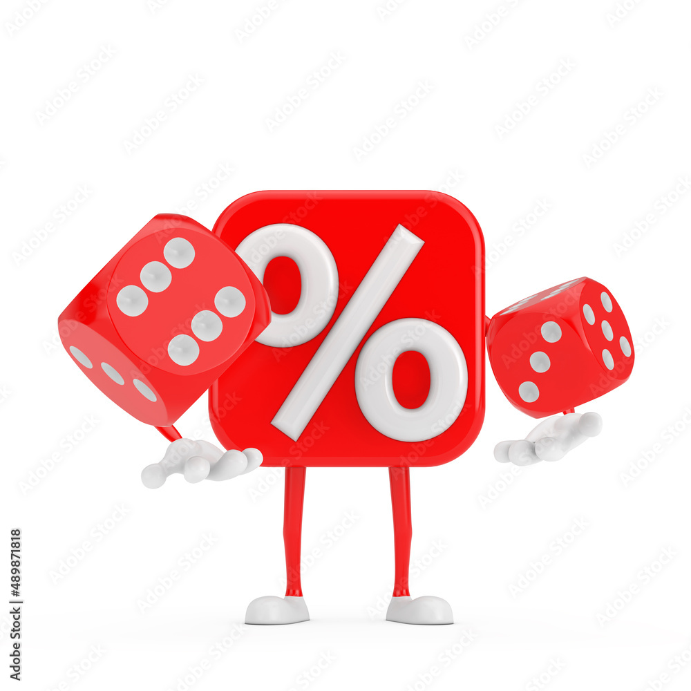Aufkleber sale or discount percent sign person character mascot with red game dice cubes in flight. 3d renderi