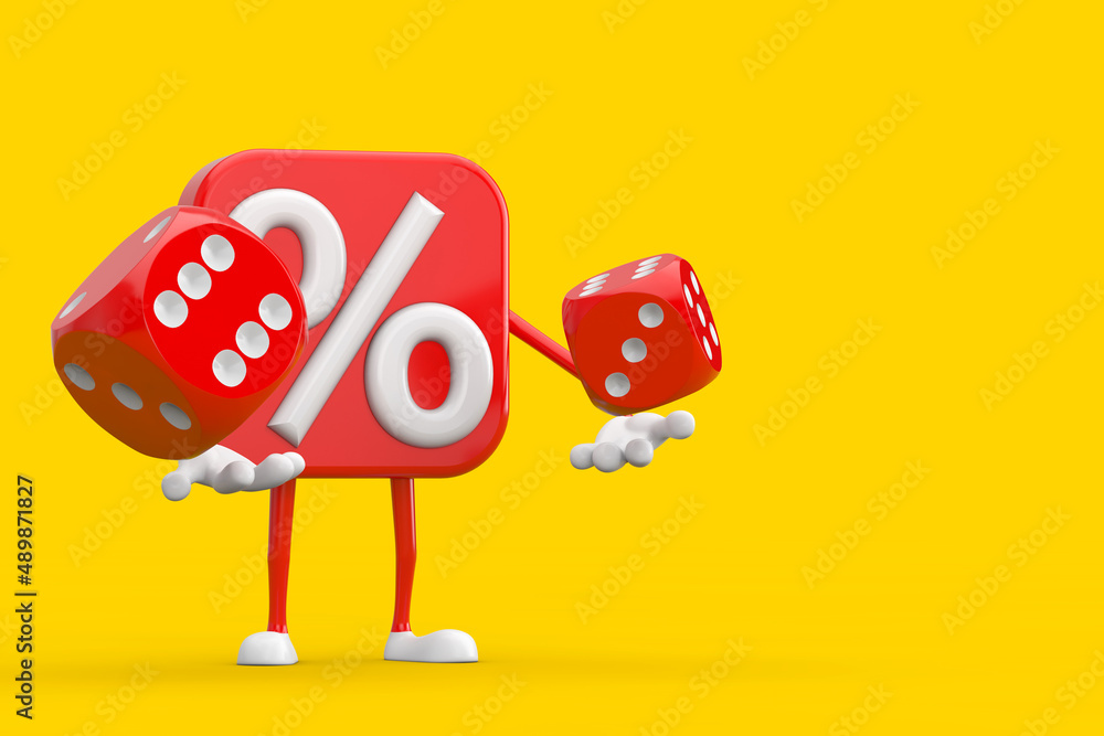 Poster sale or discount percent sign person character mascot with red game dice cubes in flight. 3d renderi