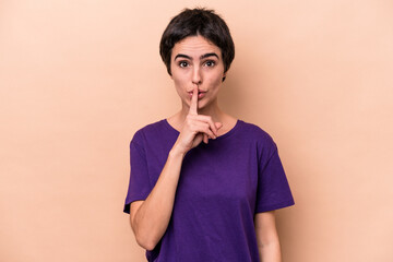 Young caucasian woman isolated on beige background keeping a secret or asking for silence.