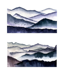 Blue ink landscape painting with ink dots, blue mountains ink illustration. Watercolor illustration. - 489872086