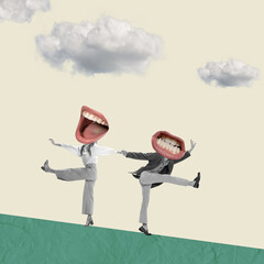 Contemporary art collage. Man and woman with giant mouths heads in vintage costumes dancing on green field