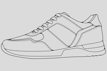 Shoes sneaker outline drawing vector, Sneakers drawn in a sketch style, black line sneaker trainers template outline, vector Illustration.

