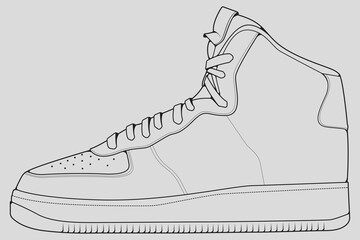 Shoes sneaker outline drawing vector, Sneakers drawn in a sketch style, black line sneaker trainers template outline, vector Illustration.
