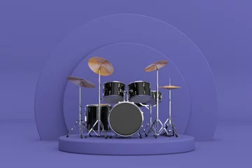 Crédence de cuisine en verre imprimé Pantone 2022 very peri Black Professional Rock Drum Kit over Violet Very Peri Cylinders Products Stage Pedestal. 3d Rendering