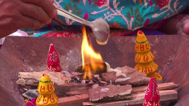 Hawan kund in hindu ritual, Traditional indian ritual in himduism, Way of Worshiping god, Indian Spiritual activities 