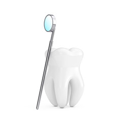 Dental Health Concept. Tooth Icon with Dental Inspection Mirror for Teeth. 3d Rendering