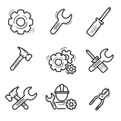 Set of repair and tools icon in doodle style isolated on white background