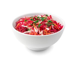 A healthy, vegetable salad with cabbage, carrots and beets is isolated on white. Vegetarian, diet salad.