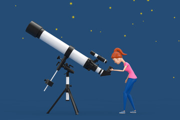 Cute Young Woman or Girl Astronomer Looking Through Telescope. 3d Rendering