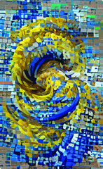 Abstract yellow-blue storm, mosaic. Illustration of a storm, tense turbulent situation, aggressive policy, revolution, patriotism. Geometric pattern in the form of a wave, swirl.
