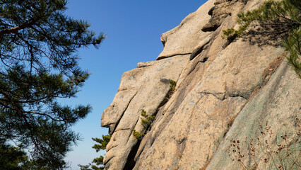Korea's Birobong Peak rock walls and blue skies.