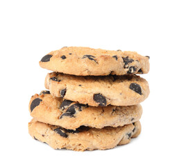 Stack of delicious chocolate chip cookies on white background