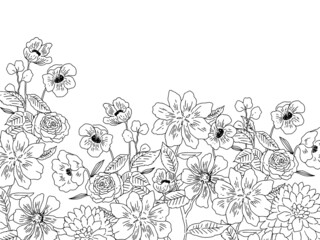 手描き線画のお洒落な花畑のイラスト