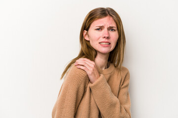 Young russian woman isolated on white background having a shoulder pain.