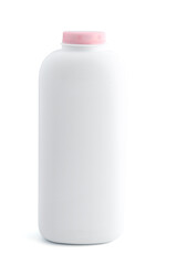 Plastic bottle of powder on white background
