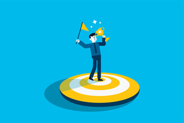 Businessman holding flag in the middle of target . Concept design for goals achievement and targets achieved
