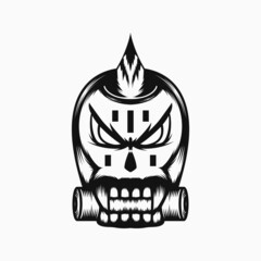 scary skull head illustration with horn, fangs and line art style. black and white. suitable for , mascot, symbol, coloring and t-shirt design