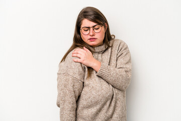 Young caucasian overweight woman isolated on white background having a shoulder pain.