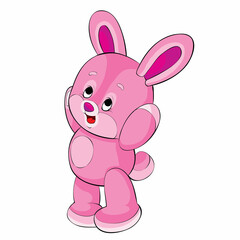 cute pink rabbit character standing with arms raised up, cartoon illustration, isolated object on white background, vector,