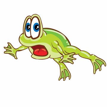 green frog scared with big eyes jumping, cartoon illustration, isolated object on white background, vector,